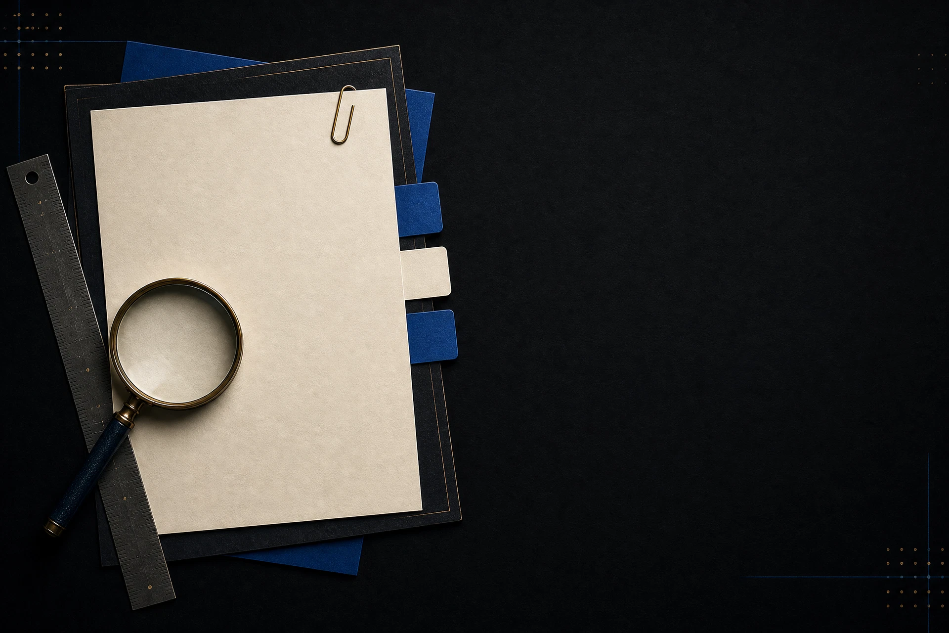 Magnifying glass and blank policy document on a dark editorial desk