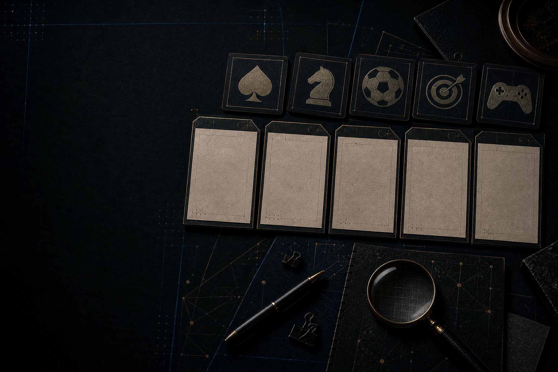 Abstract game-category tiles and tokens arranged on a dark editorial desk