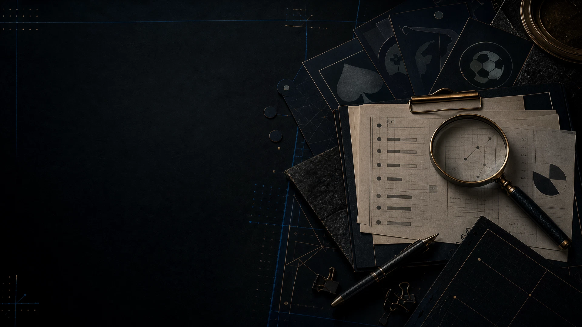 Abstract editorial evidence desk with game-card silhouettes and research notes