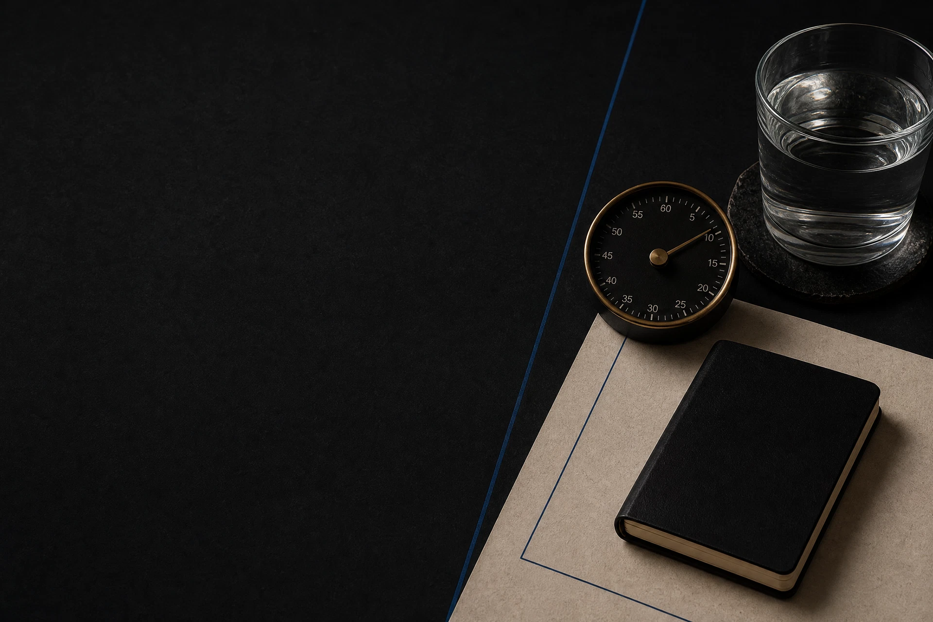 Timer, closed notebook and water glass representing pause and personal limits